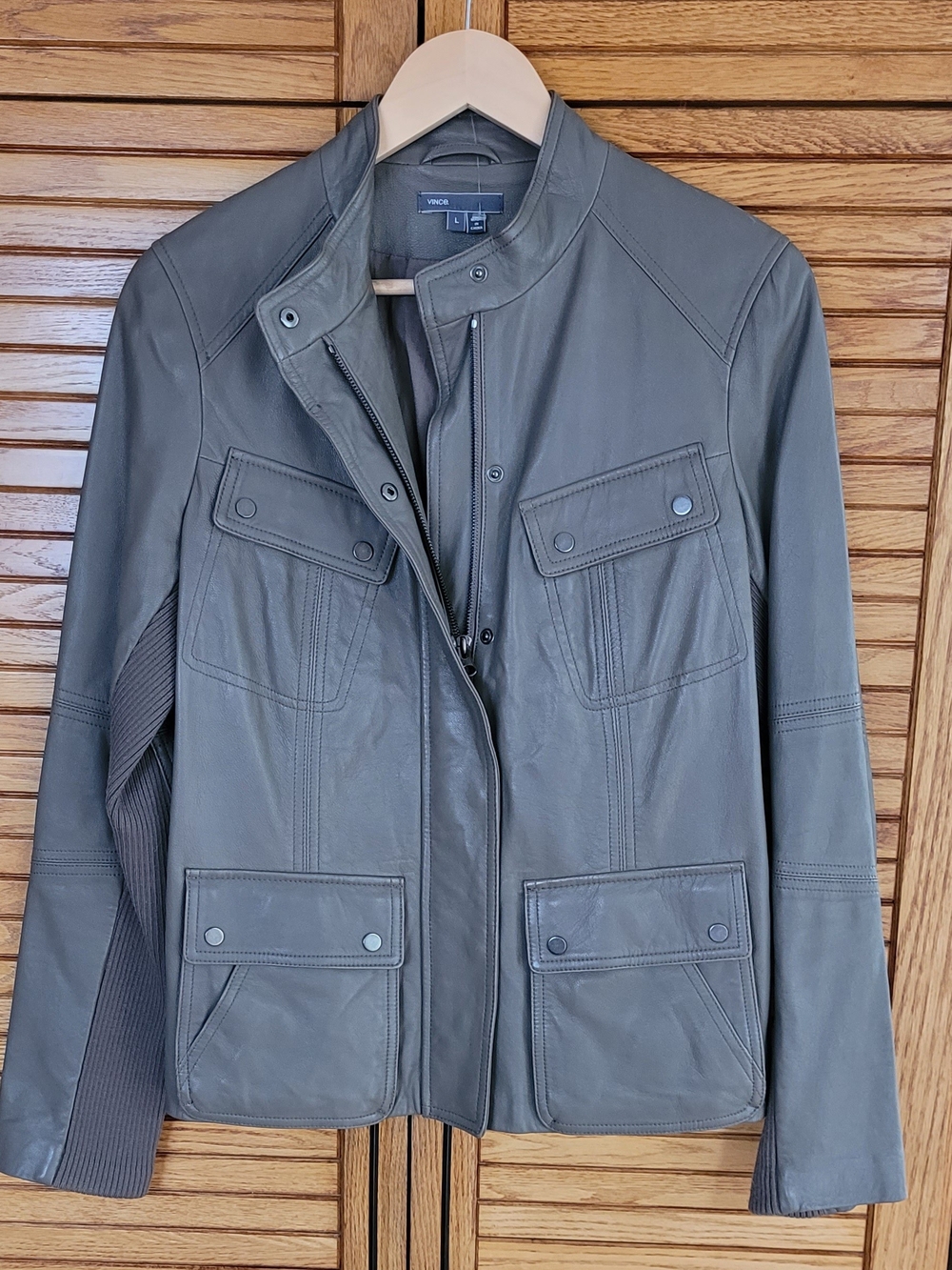 Vince Grey Kaki Leather Field Jacket